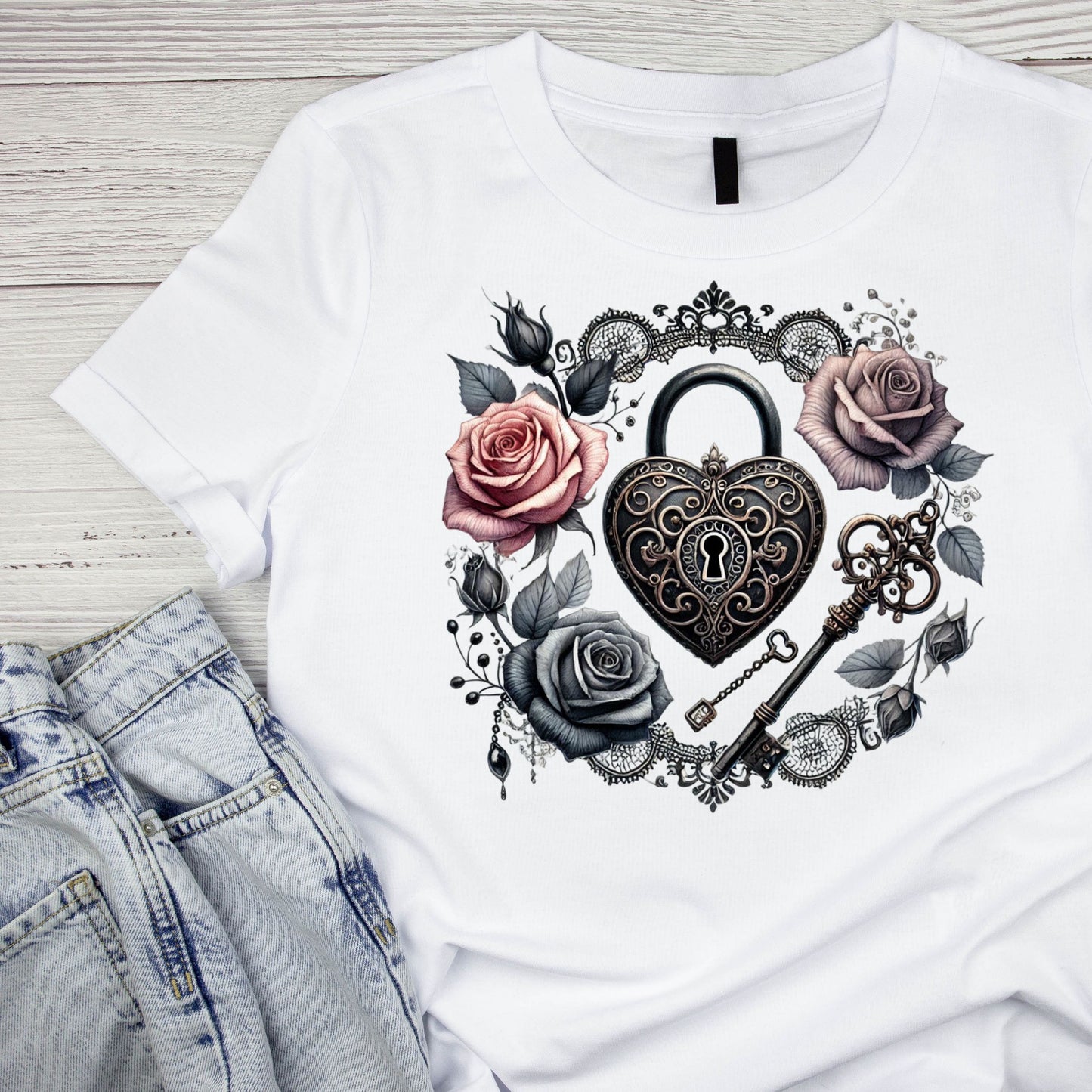 Lock & Key Roses T-Shirt | Gothic | Pink & Black Rose | Dark Valentine