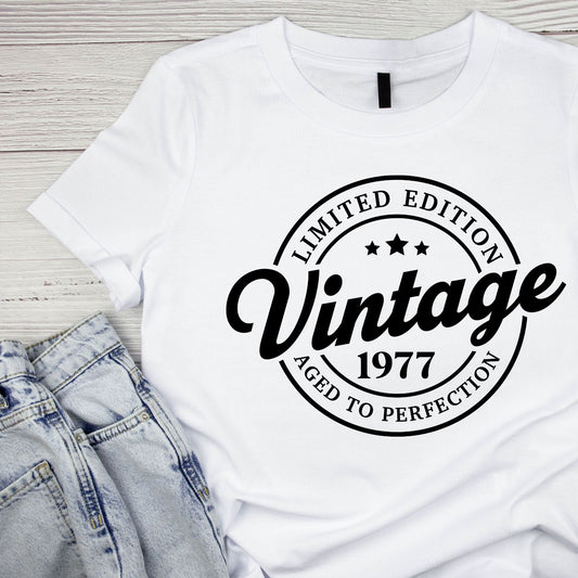 Limited Edition Vintage 1977 Aged To Perfection T-shirt | (FRONT OR BACK) Birthday Year Graphic Tee | Printed Shirt