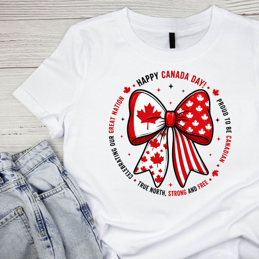 Happy Canada Day Bow T-shirt | July 1st Graphic Tee | Printed Shirt