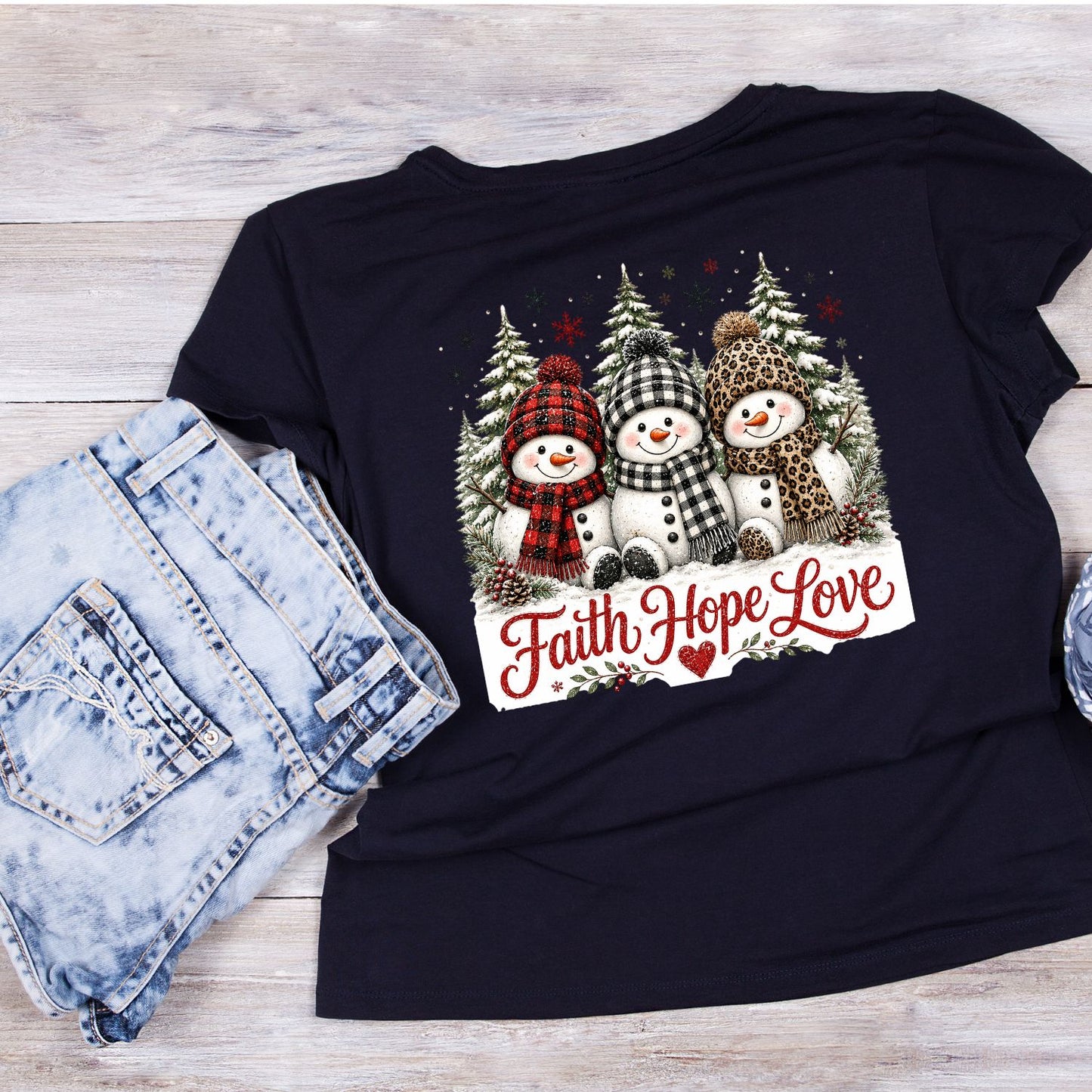 Faith Hope Love Snowman Christmas T-Shirt | Xmas Graphic Tee | Holiday Shirt