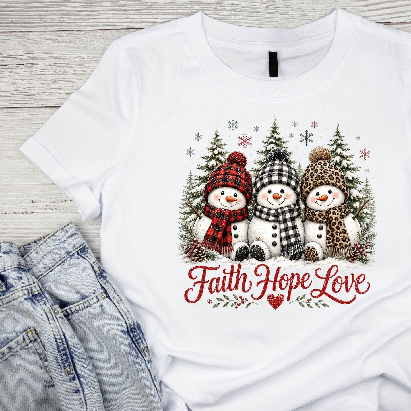 Faith Hope Love Snowman Christmas T-Shirt | Xmas Graphic Tee | Holiday Shirt