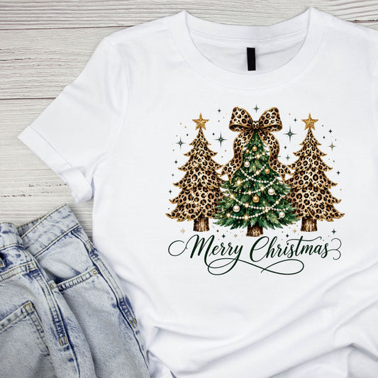 Merry Christmas Leopard Trees T-Shirt | Xmas Graphic Tee | Holiday Shirt