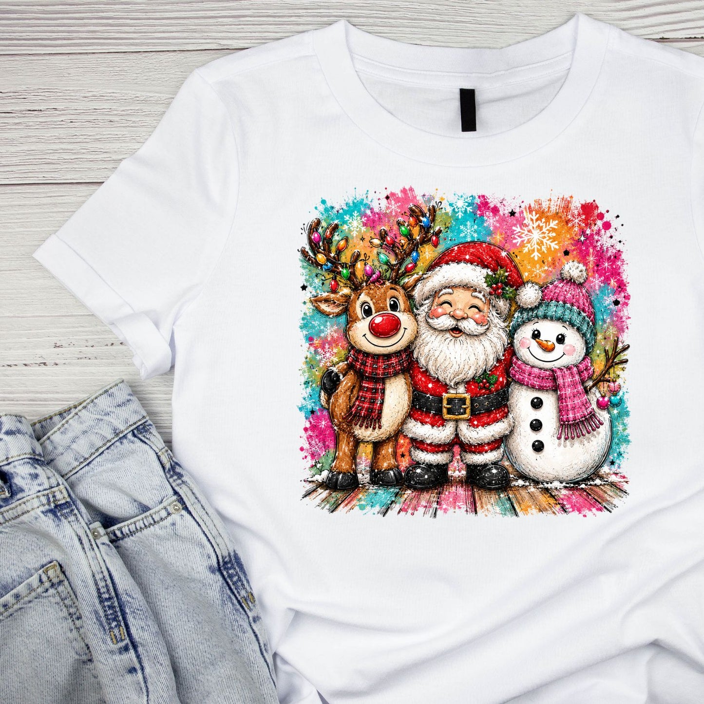 Christmas Hug Reindeer Santa Snowman T-Shirt | Xmas Graphic Tee | Holiday Shirt