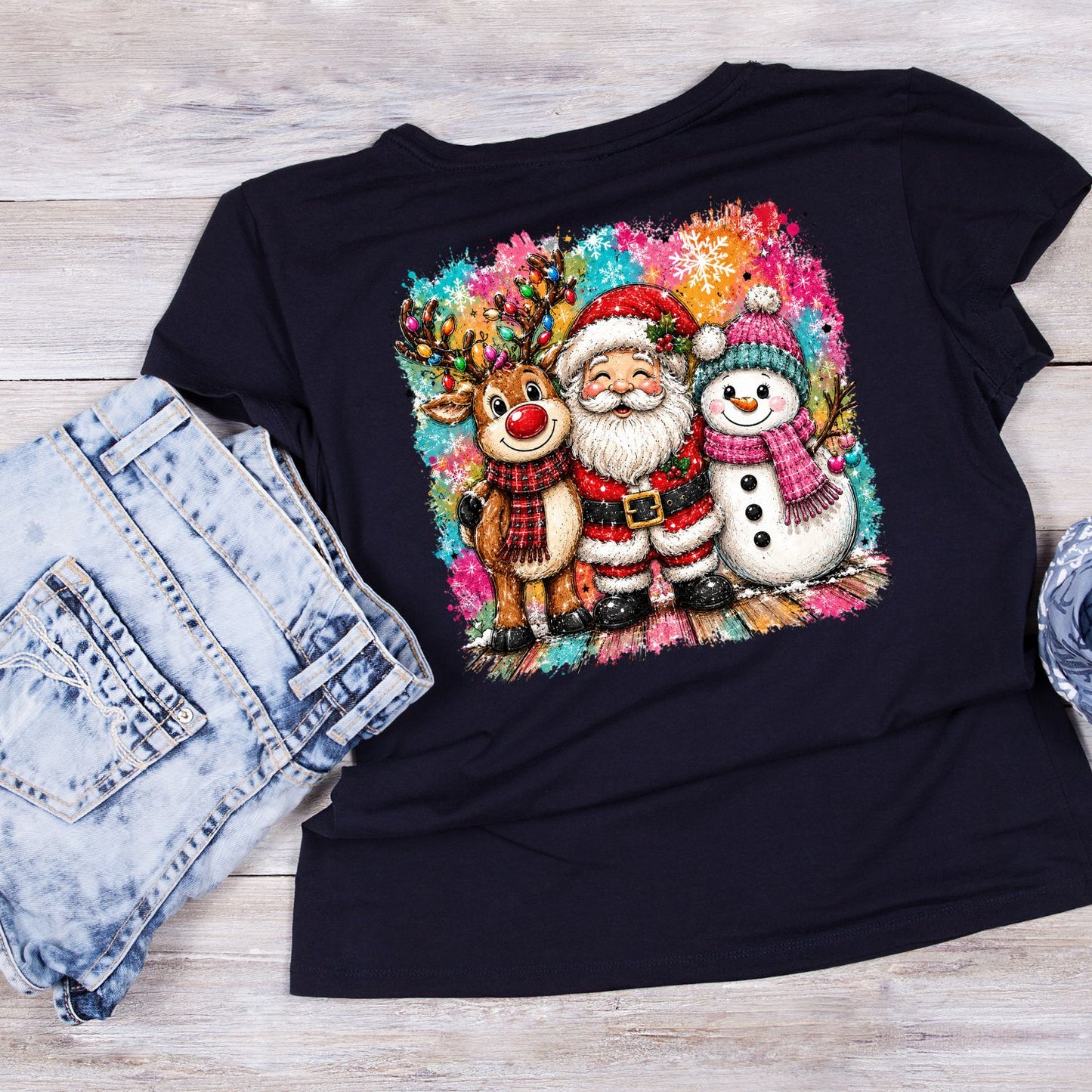 Christmas Hug Reindeer Santa Snowman T-Shirt | Xmas Graphic Tee | Holiday Shirt