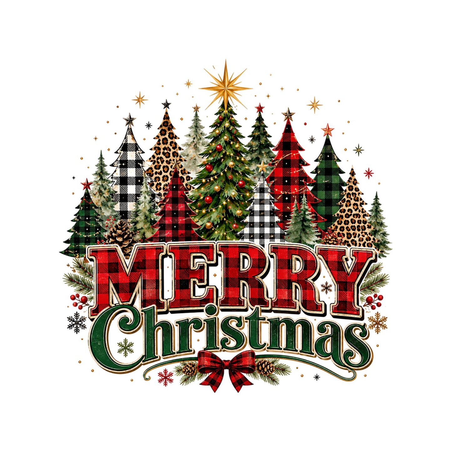 Plaid Merry Christmas Trees T-Shirt | Xmas Graphic Tee | Holiday Shirt