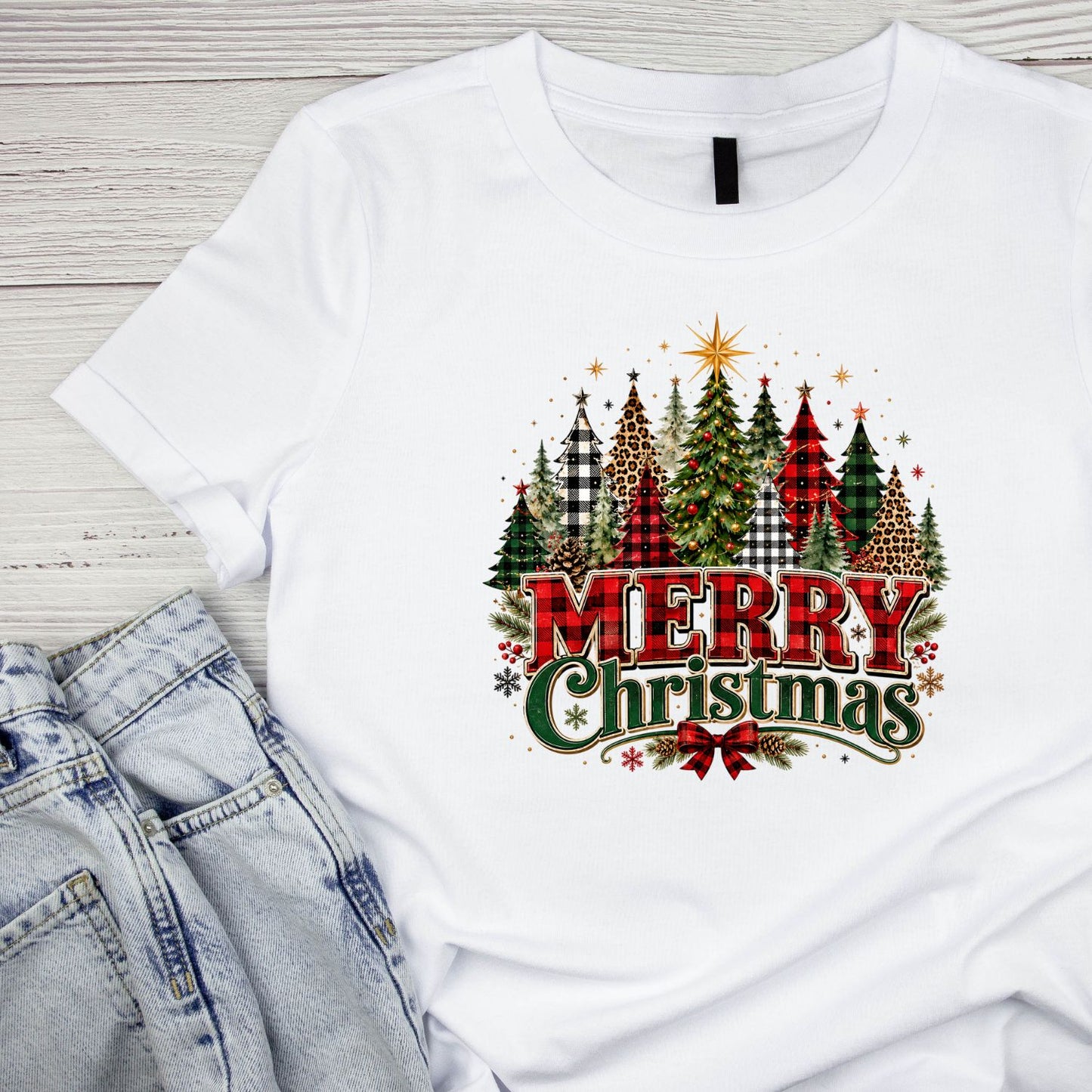 Plaid Merry Christmas Trees T-Shirt | Xmas Graphic Tee | Holiday Shirt