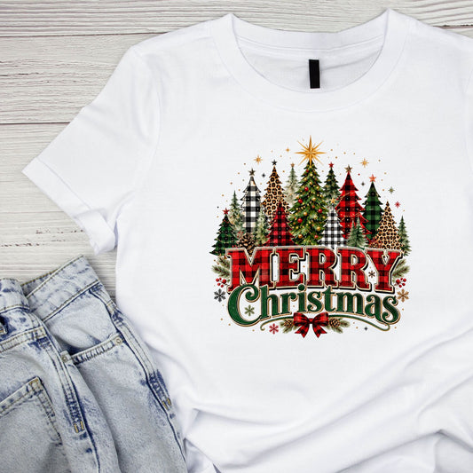 Plaid Merry Christmas Trees T-Shirt | Xmas Graphic Tee | Holiday Shirt