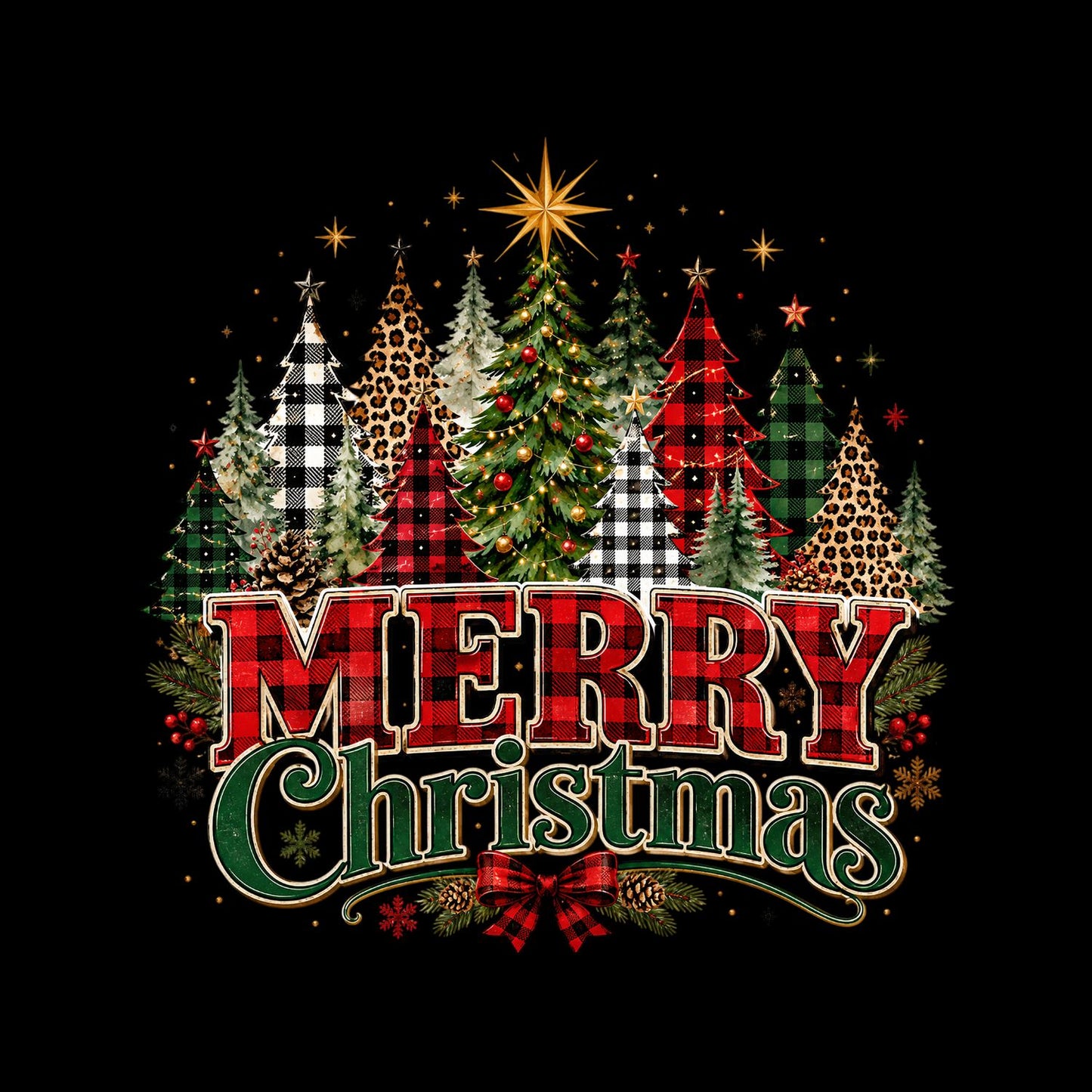 Plaid Merry Christmas Trees T-Shirt | Xmas Graphic Tee | Holiday Shirt
