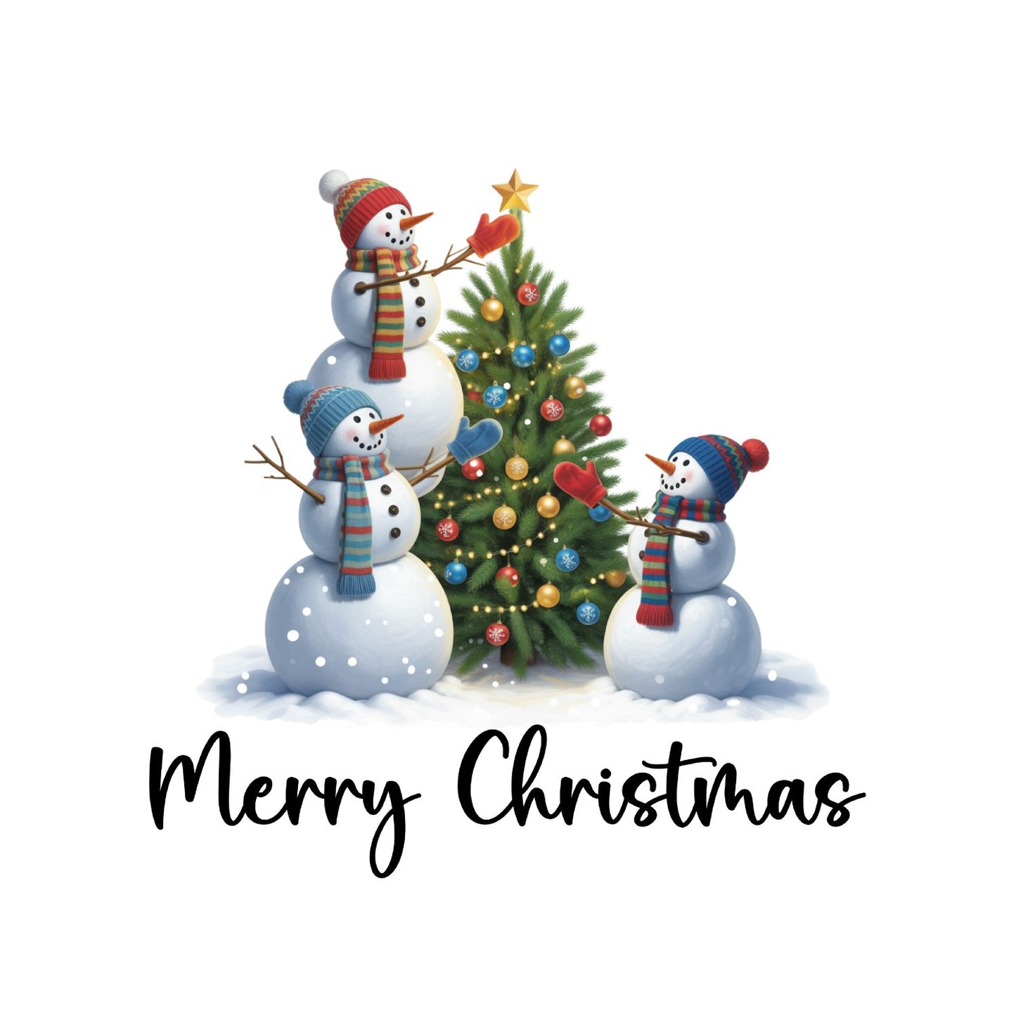 Merry Christmas Snowmen Decorating Tree T-Shirt | Xmas Graphic Tee | Cute Holiday Shirt