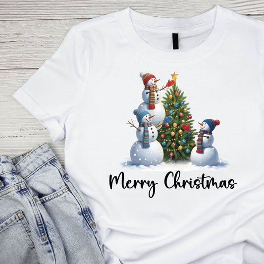 Merry Christmas Snowmen Decorating Tree T-Shirt | Xmas Graphic Tee | Cute Holiday Shirt