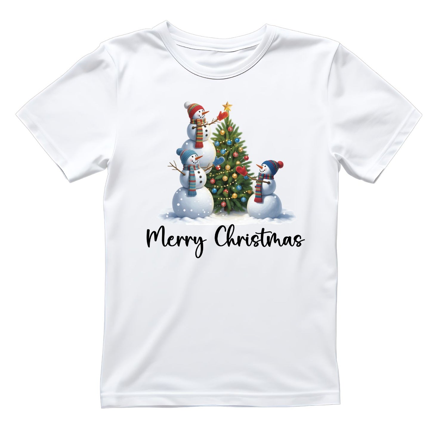 Merry Christmas Snowmen Decorating Tree T-Shirt | Xmas Graphic Tee | Cute Holiday Shirt