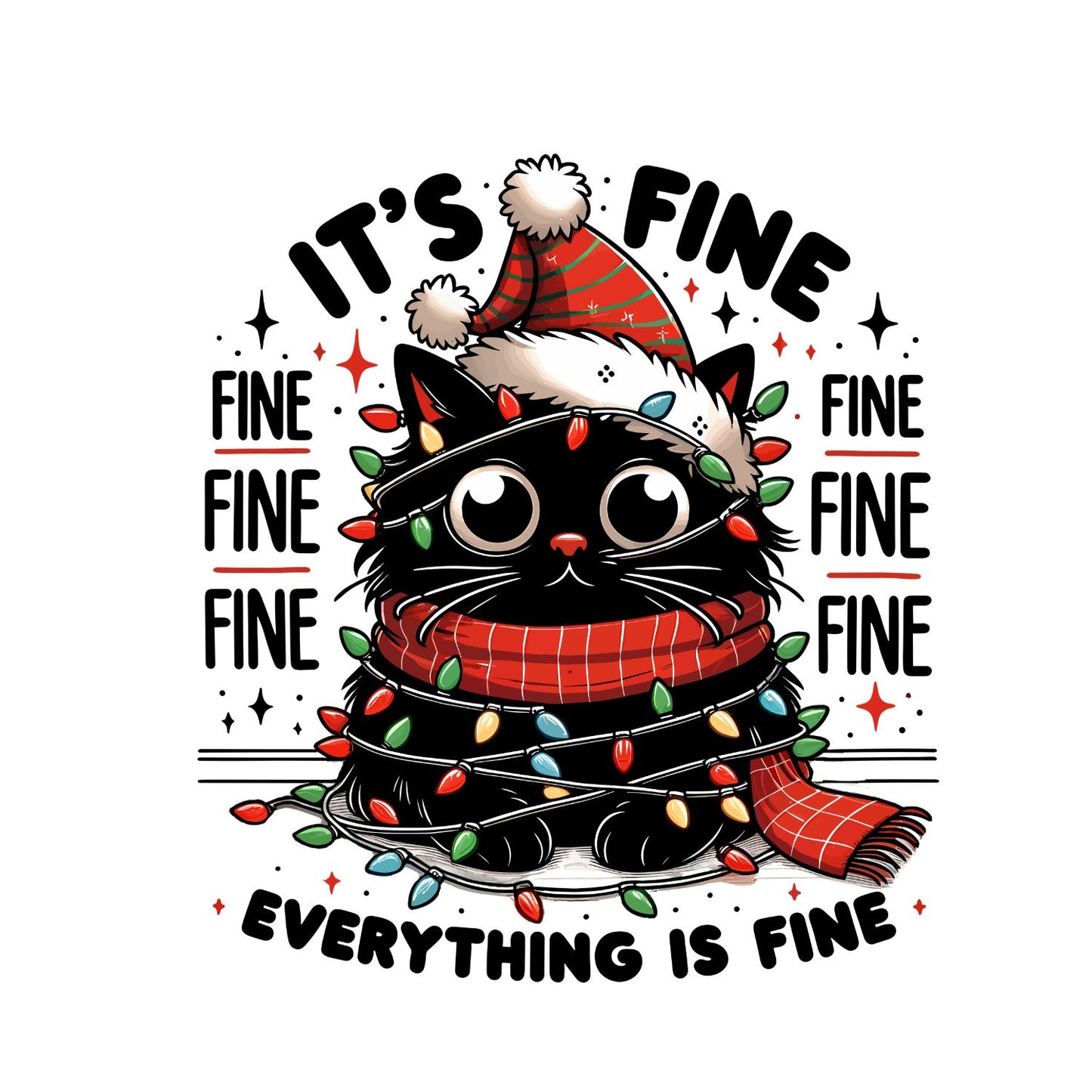 Its Fine Everything Is Fine Black Cat Tangled in Christmas Lights T-Shirt | Xmas Graphic Tee | Funny Holiday Shirt