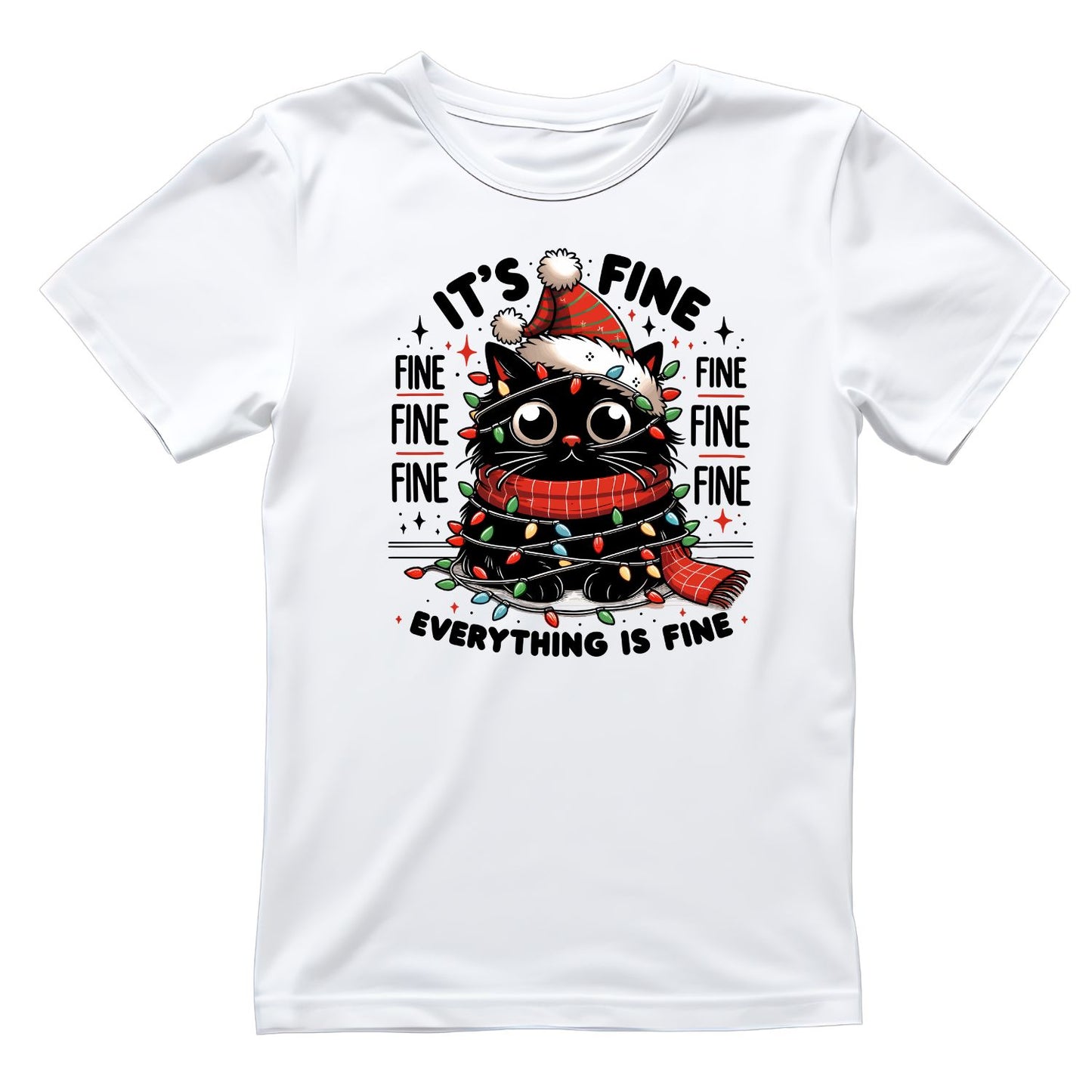 Its Fine Everything Is Fine Black Cat Tangled in Christmas Lights T-Shirt | Xmas Graphic Tee | Funny Holiday Shirt