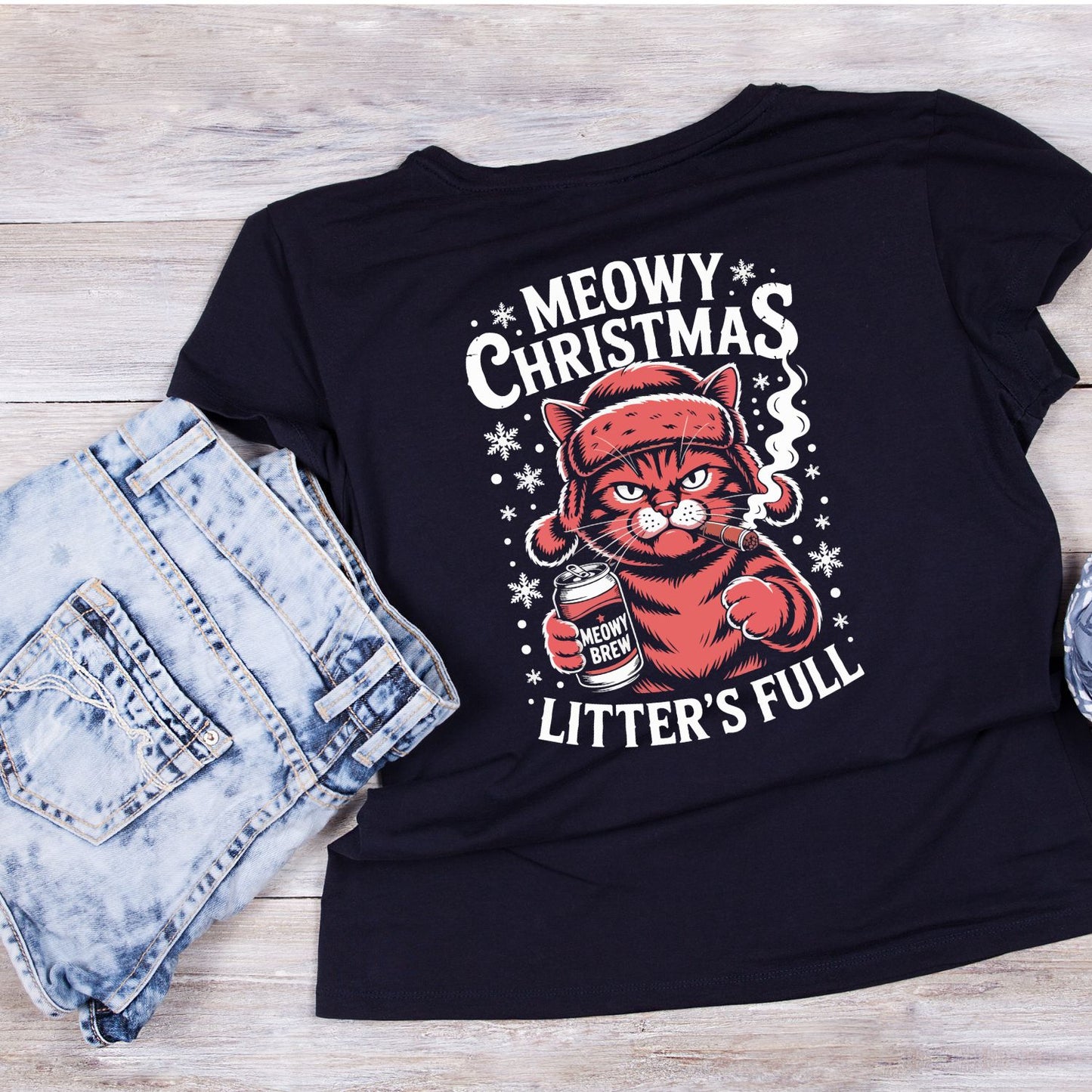 Meowy Christmas Litter’s Full T-Shirt | Xmas Graphic Tee | Funny Holiday Shirt