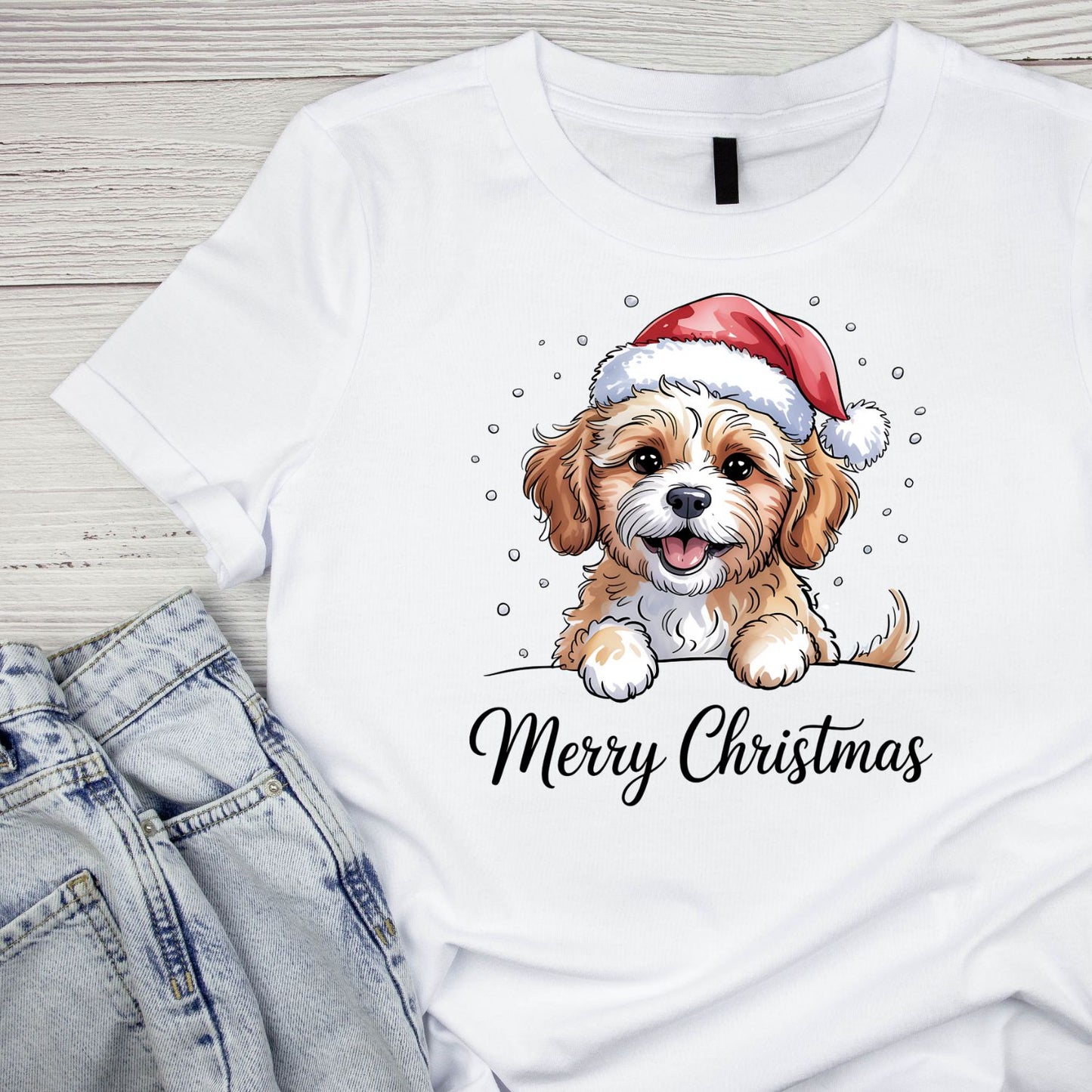 Merry Christmas Puppy in Santa Hat Lights T-Shirt | Xmas Graphic Tee | Cute Holiday Shirt