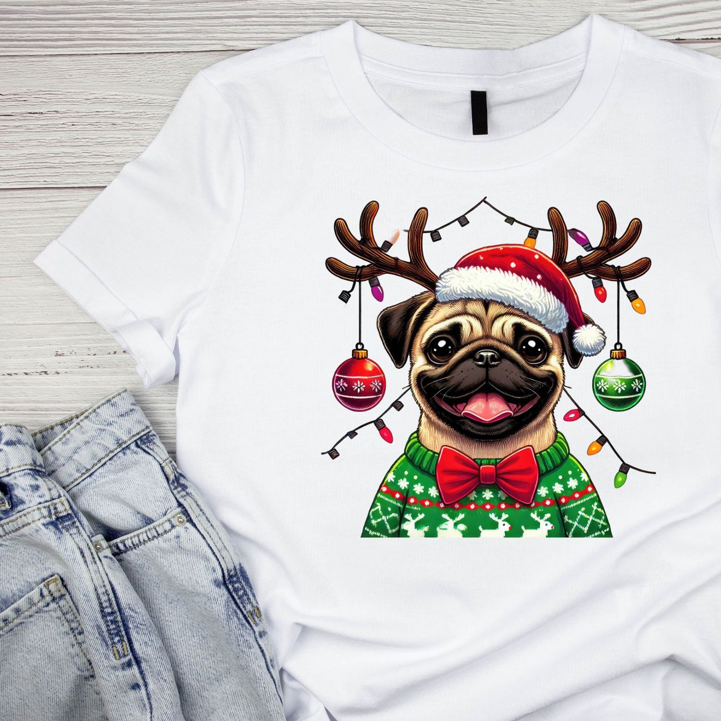 Dog Reindeer Christmas Sweater T-Shirt | Xmas Graphic Tee | Holiday Shirt