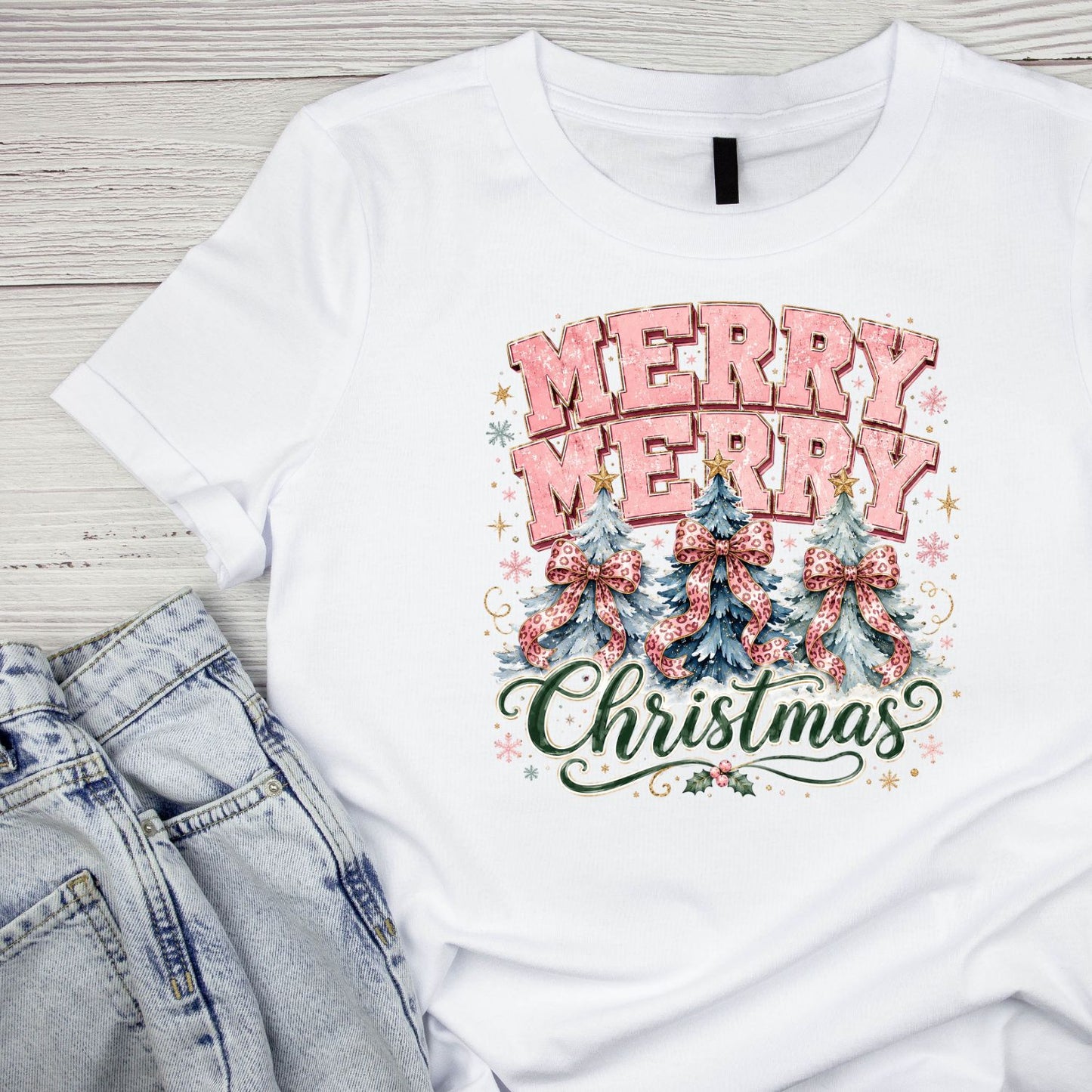 Merry Merry Christmas Pink Trees T-Shirt | Xmas Graphic Tee | Cute Holiday Shirt