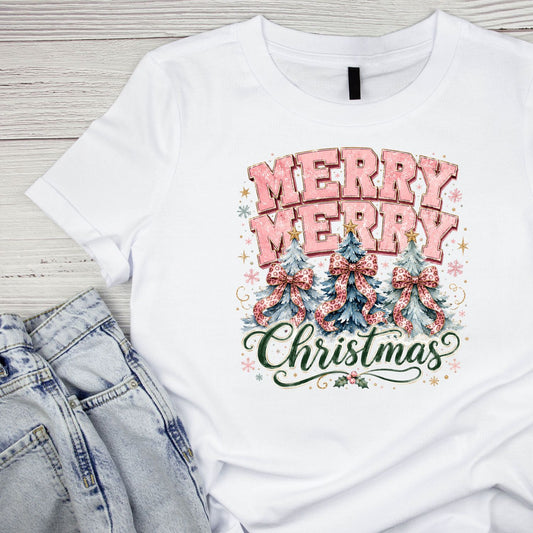 Merry Merry Christmas Pink Trees T-Shirt | Xmas Graphic Tee | Cute Holiday Shirt