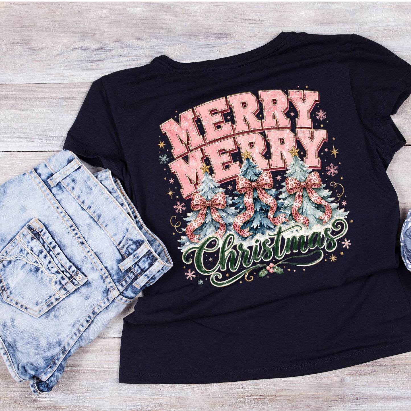 Merry Merry Christmas Pink Trees T-Shirt | Xmas Graphic Tee | Cute Holiday Shirt