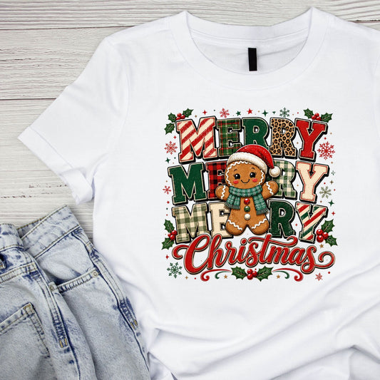 Merry Merry Merry Gingerbread Christmas T-Shirt | Xmas Graphic Tee | Cute Holiday Shirt