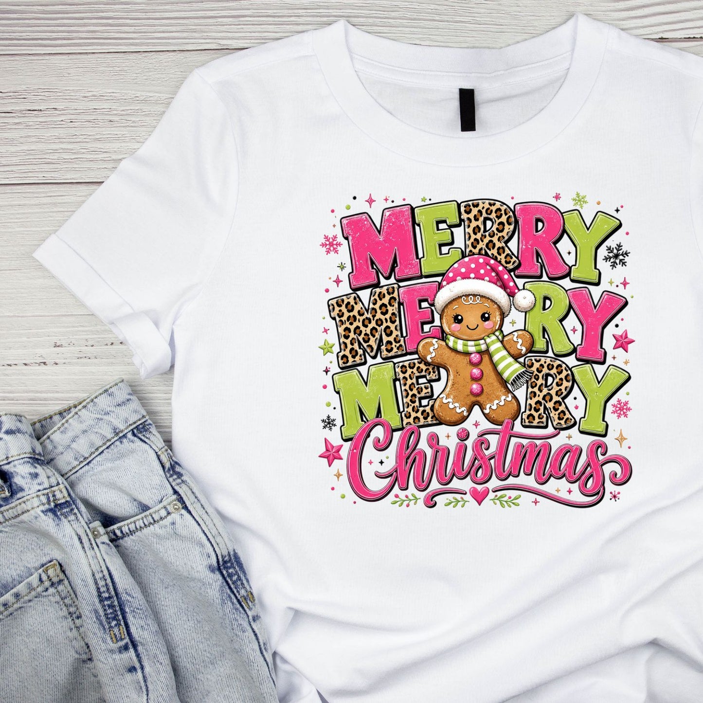 Bright Merry Merry Merry Gingerbread Christmas T-Shirt | Xmas Graphic Tee | Cute Holiday Shirt