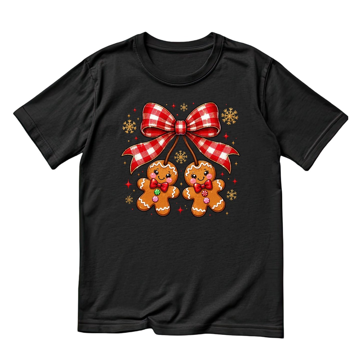 Gingham Bow hanging Gingerbread Christmas T-Shirt | Xmas Graphic Tee | Cute Holiday Shirt