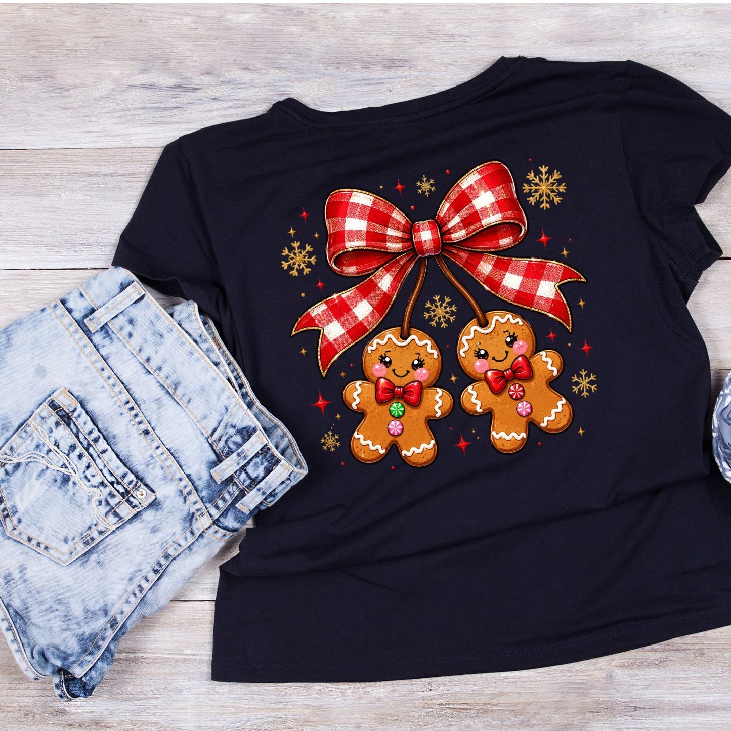 Gingham Bow hanging Gingerbread Christmas T-Shirt | Xmas Graphic Tee | Cute Holiday Shirt
