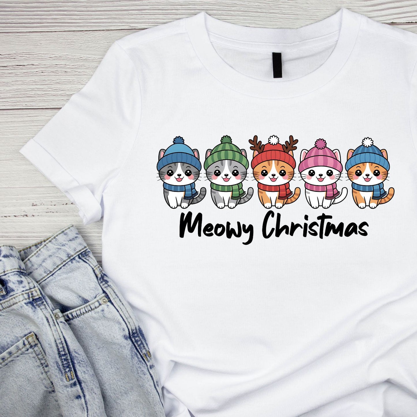 Meowy Cat Christmas T-Shirt | Xmas Graphic Tee | Cute Holiday Shirt