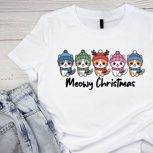 Meowy Cat Christmas T-Shirt | Xmas Graphic Tee | Cute Holiday Shirt