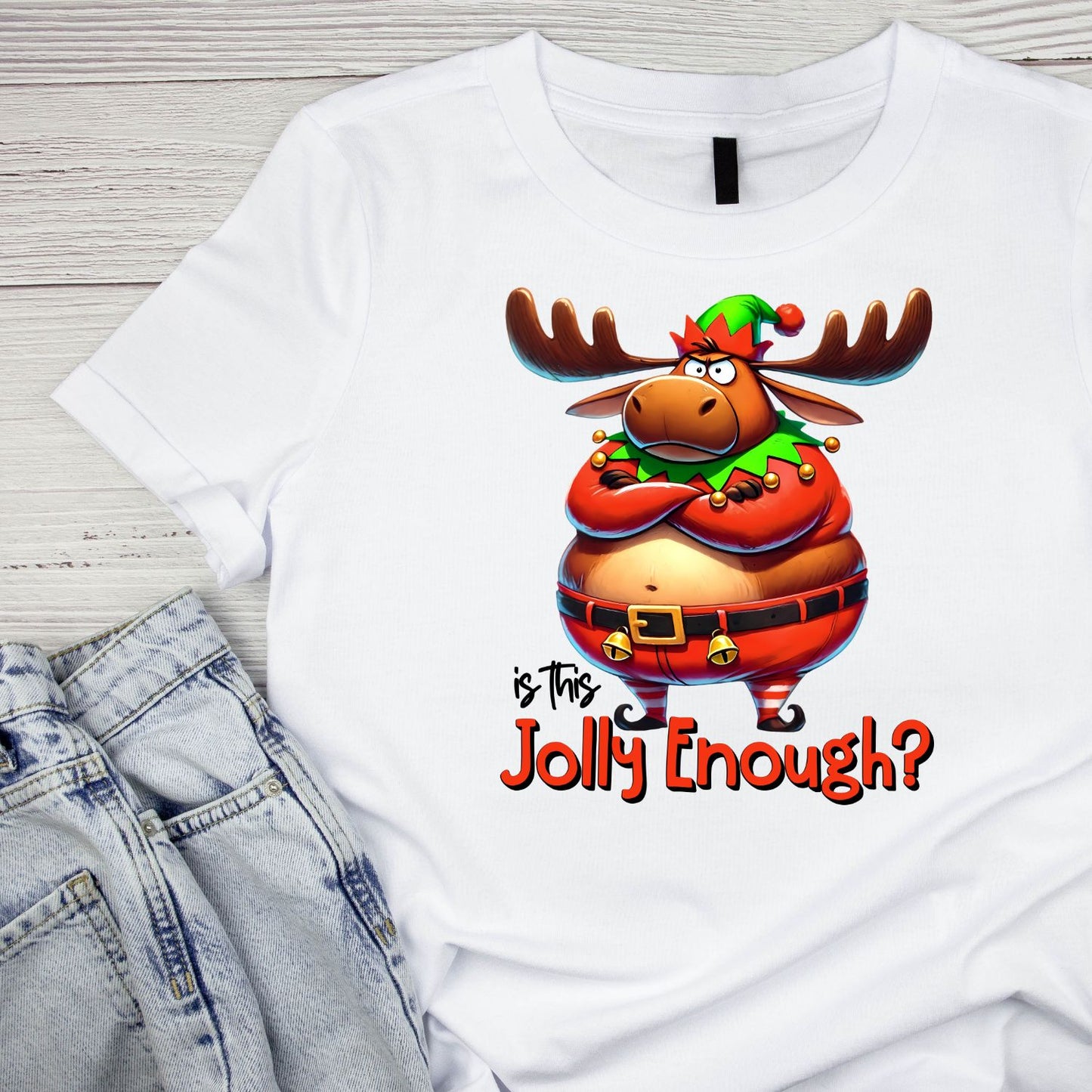 Is This Jolly Enough Christmas Moose T-Shirt | Xmas Graphic Tee | Cute Funny Holiday Shirt