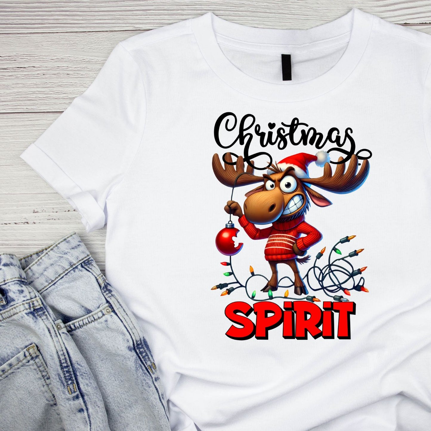 Christmas Spirit Moose T-Shirt | Xmas Graphic Tee | Cute Funny Holiday Shirt