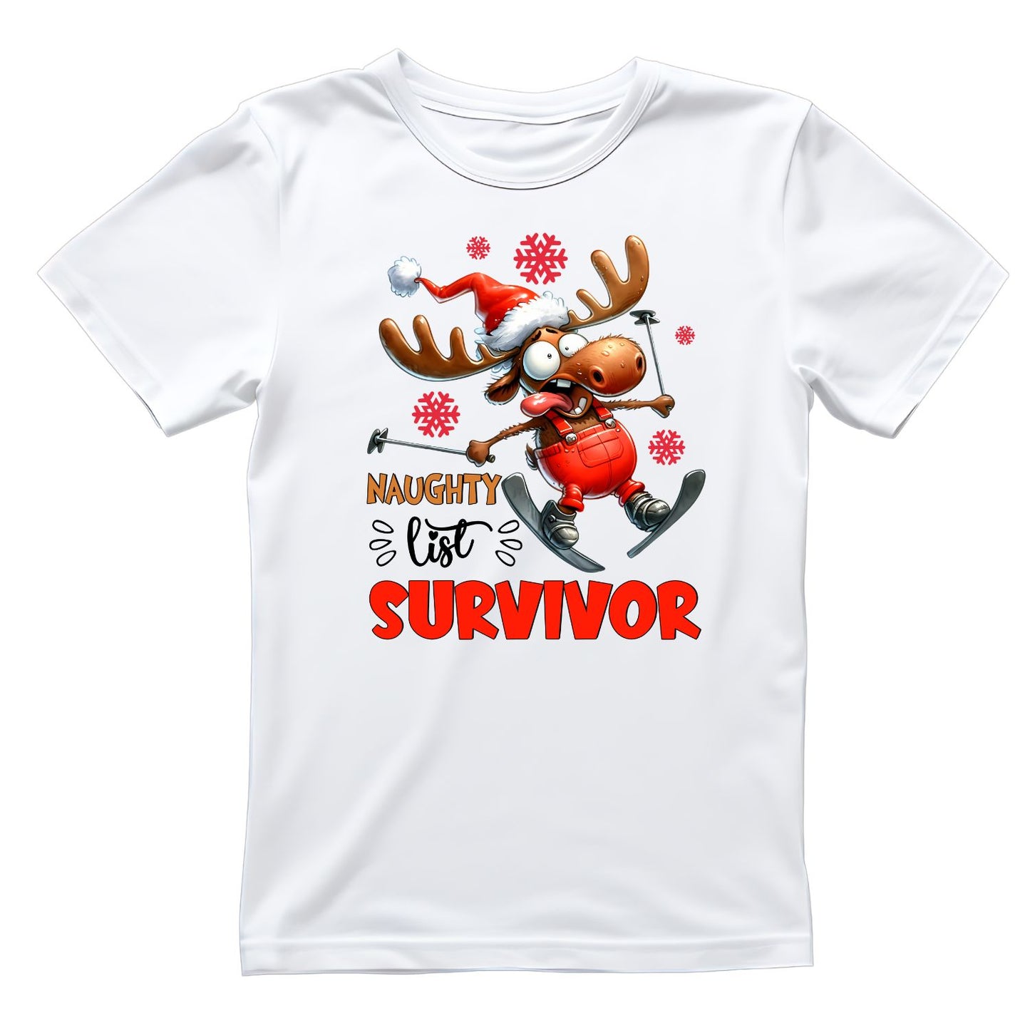 Naughty List Survivor Christmas Moose T-Shirt | Xmas Graphic Tee | Cute Funny Holiday Shirt
