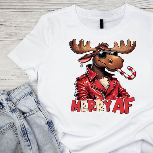 Merry AF Christmas Moose T-Shirt | Xmas Graphic Tee | Cute Funny Holiday Shirt