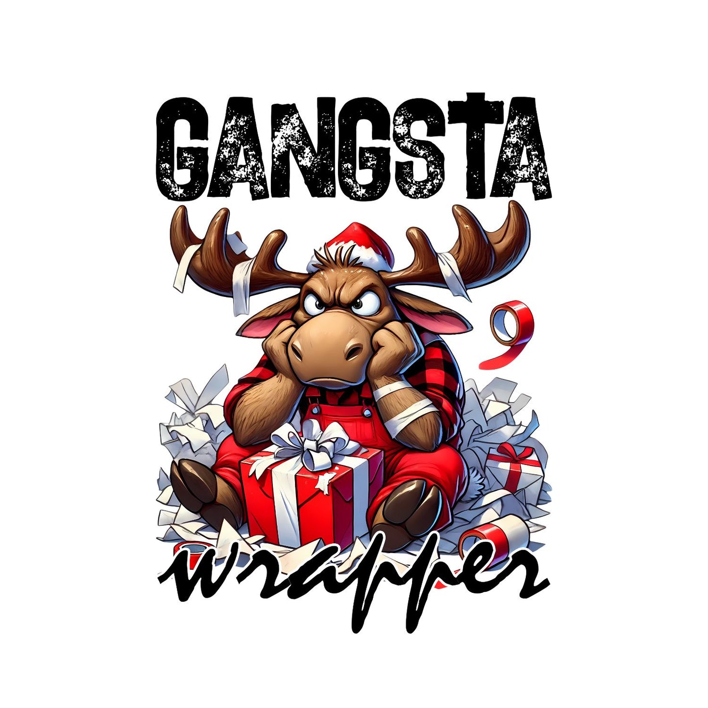 Gangsta Wrapper Christmas Moose T-Shirt | Xmas Graphic Tee | Cute Funny Holiday Shirt