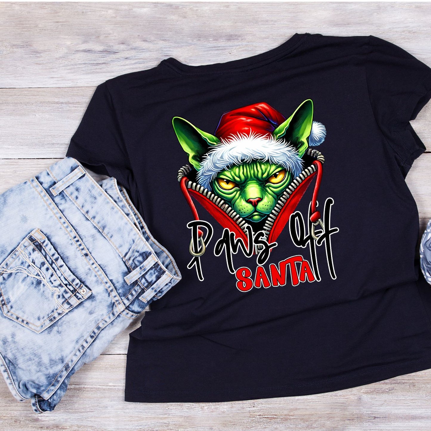 Paws Off Santa Cat Santa Christmas T-Shirt | Xmas Graphic Tee | Funny Shirt