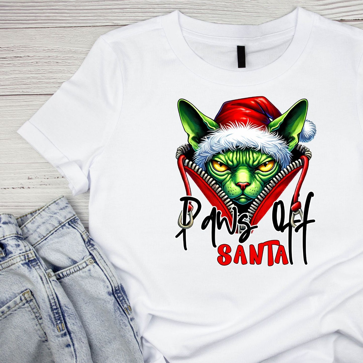 Paws Off Santa Cat Santa Christmas T-Shirt | Xmas Graphic Tee | Funny Shirt