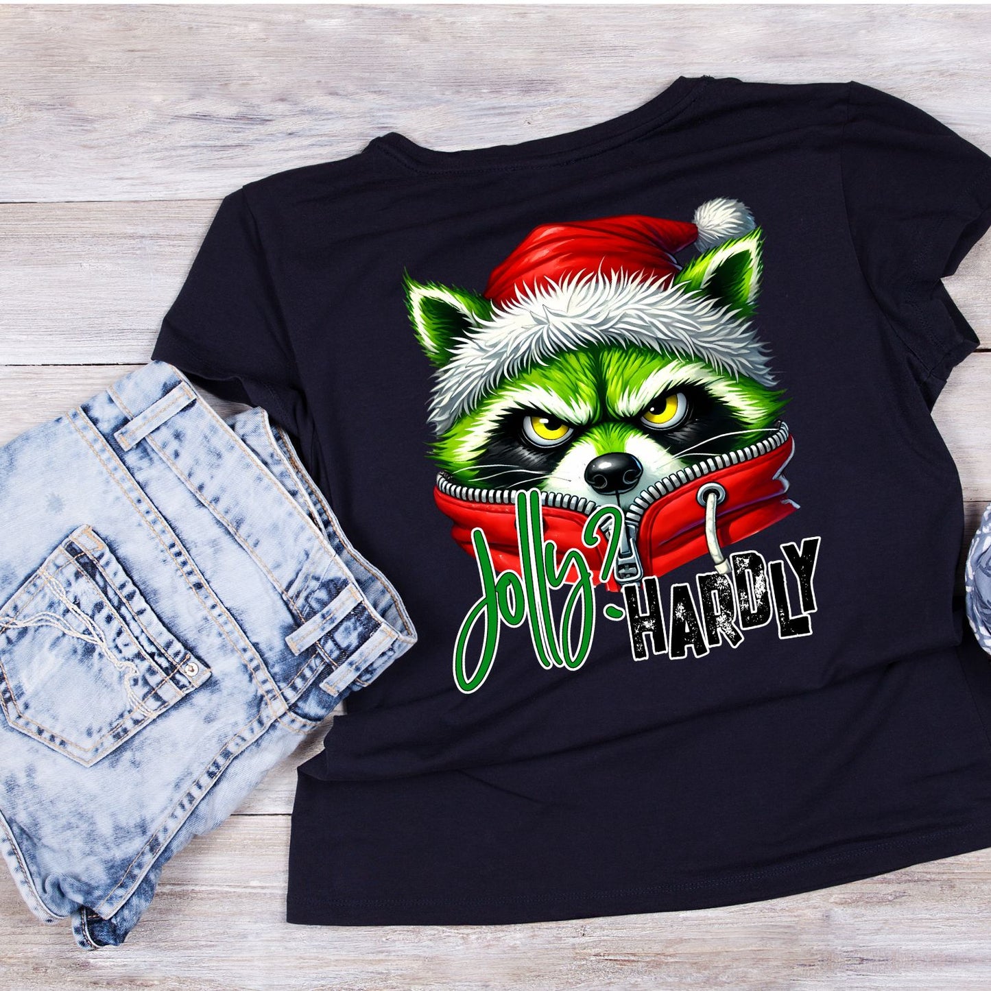 Jolly Hardly Raccoon Santa Christmas T-Shirt | Xmas Graphic Tee | Funny Shirt
