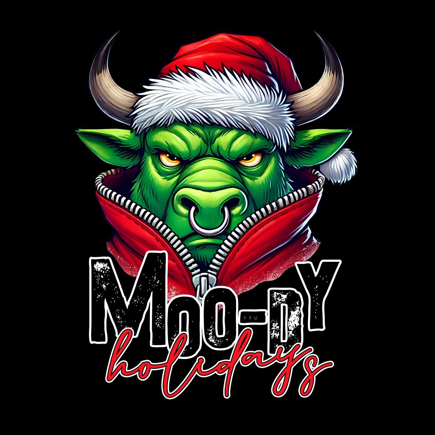 Moody Holiday Bull Santa Christmas T-Shirt | Xmas Graphic Tee | Funny Shirt