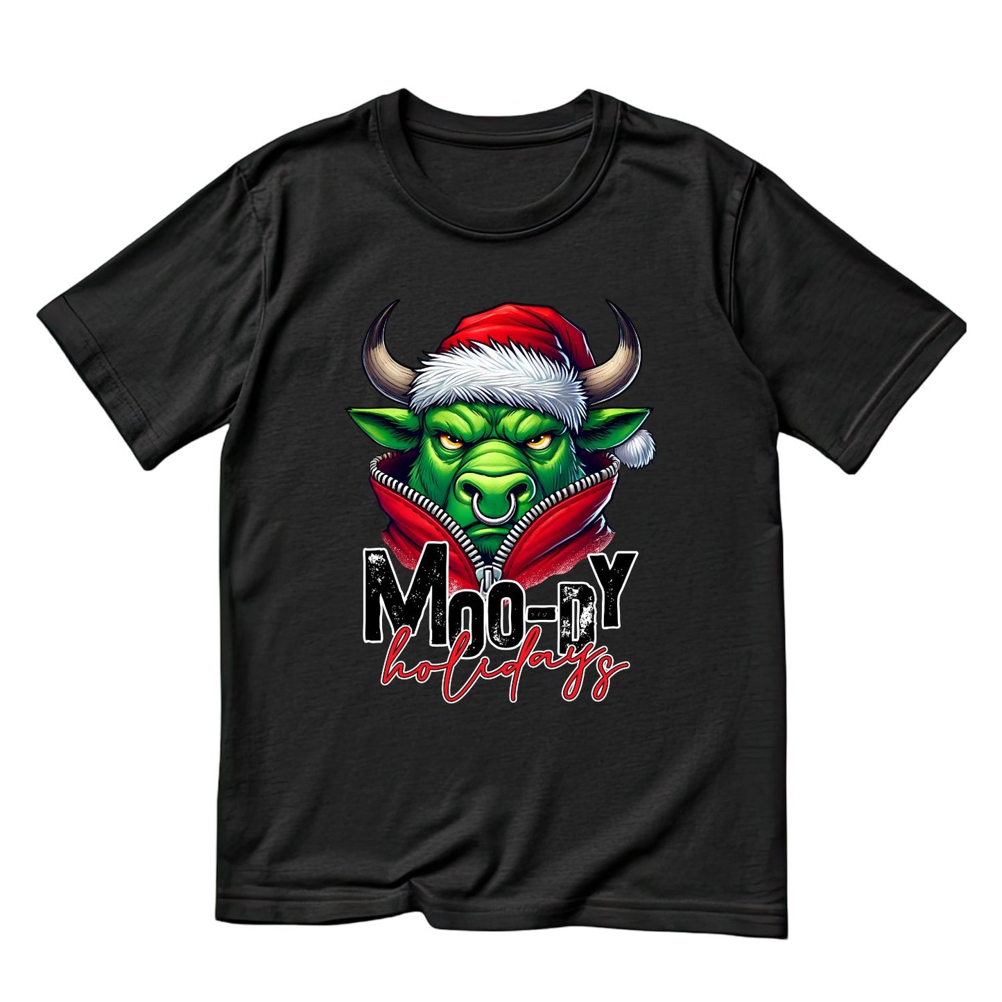 Moody Holiday Bull Santa Christmas T-Shirt | Xmas Graphic Tee | Funny Shirt