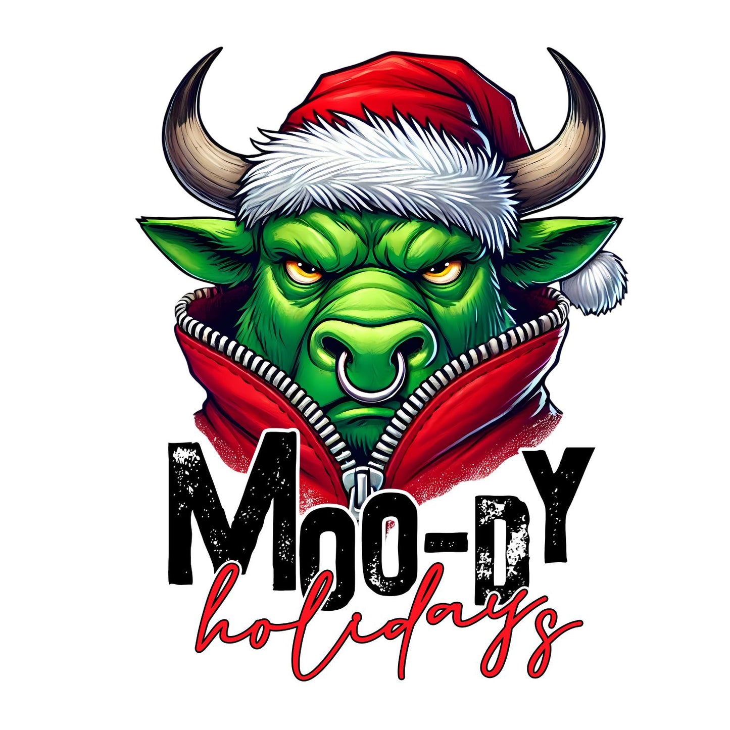 Moody Holiday Bull Santa Christmas T-Shirt | Xmas Graphic Tee | Funny Shirt