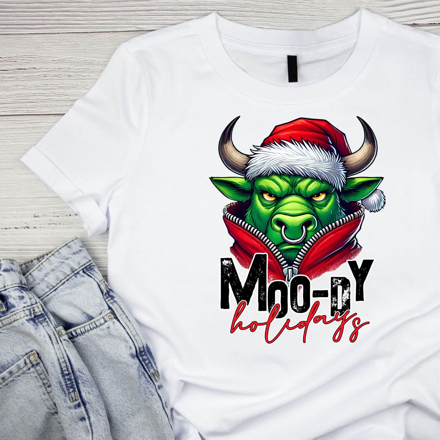 Moody Holiday Bull Santa Christmas T-Shirt | Xmas Graphic Tee | Funny Shirt