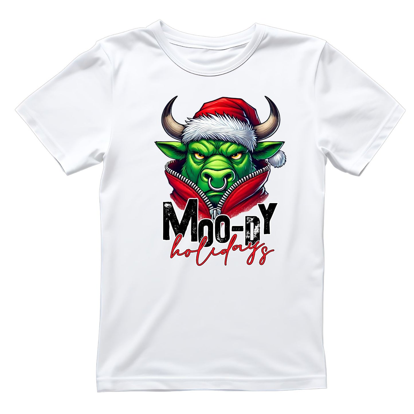 Moody Holiday Bull Santa Christmas T-Shirt | Xmas Graphic Tee | Funny Shirt