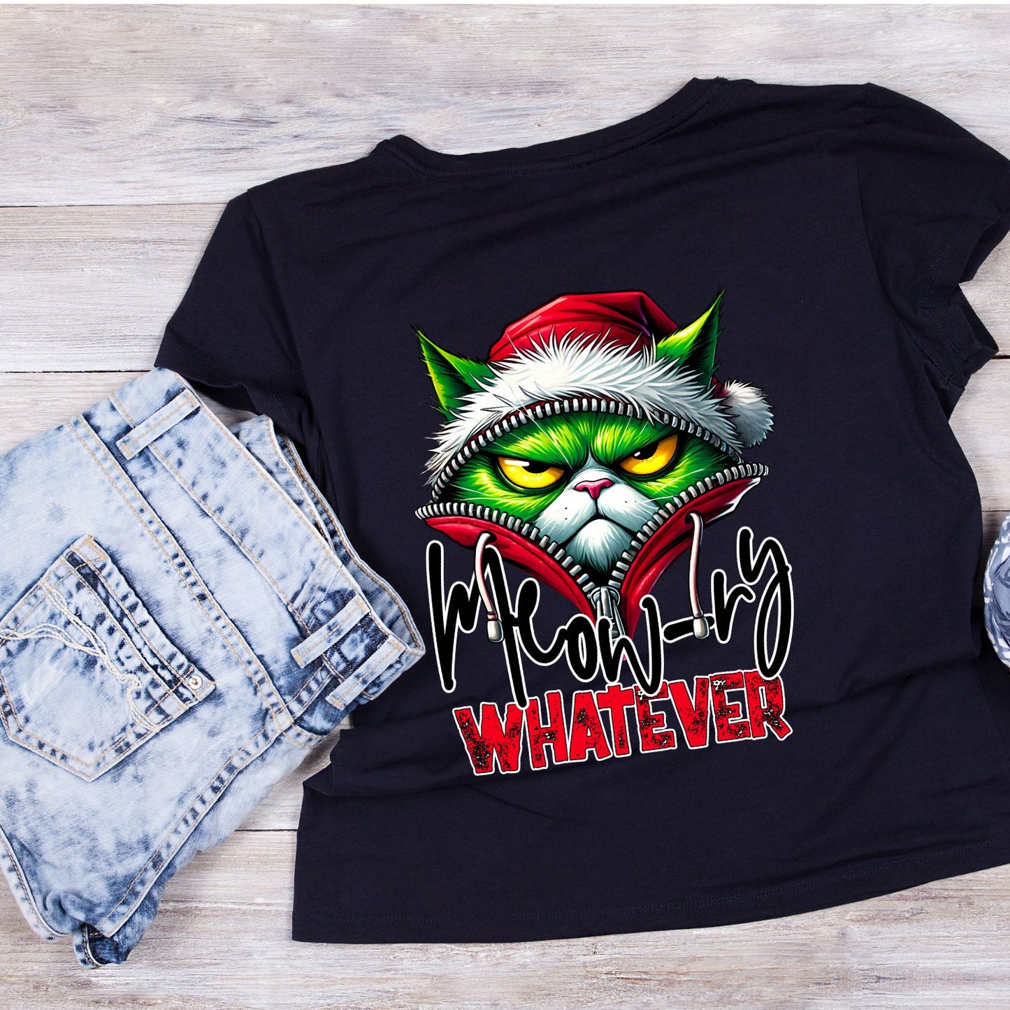 Meow-ly Whatever Cat Santa Christmas T-Shirt | Xmas Graphic Tee | Funny Shirt