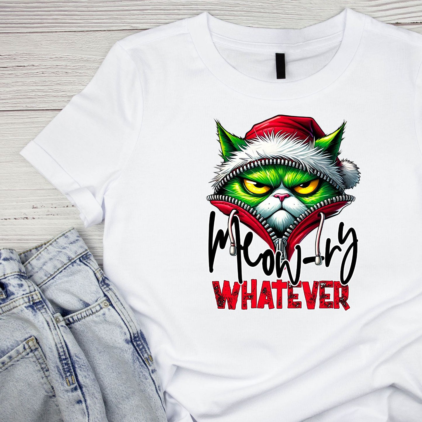 Meow-ly Whatever Cat Santa Christmas T-Shirt | Xmas Graphic Tee | Funny Shirt