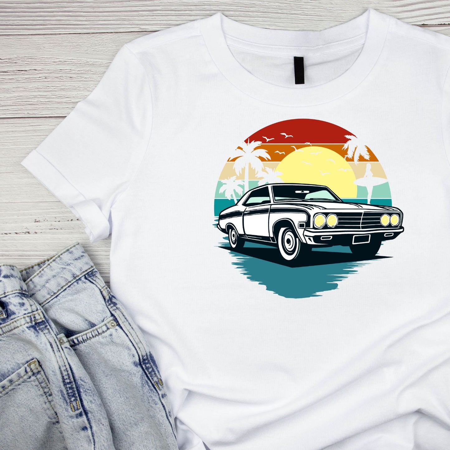 Sunset Vintage Car Palm Trees T-Shirt | Summer Graphic Tee | Shirt