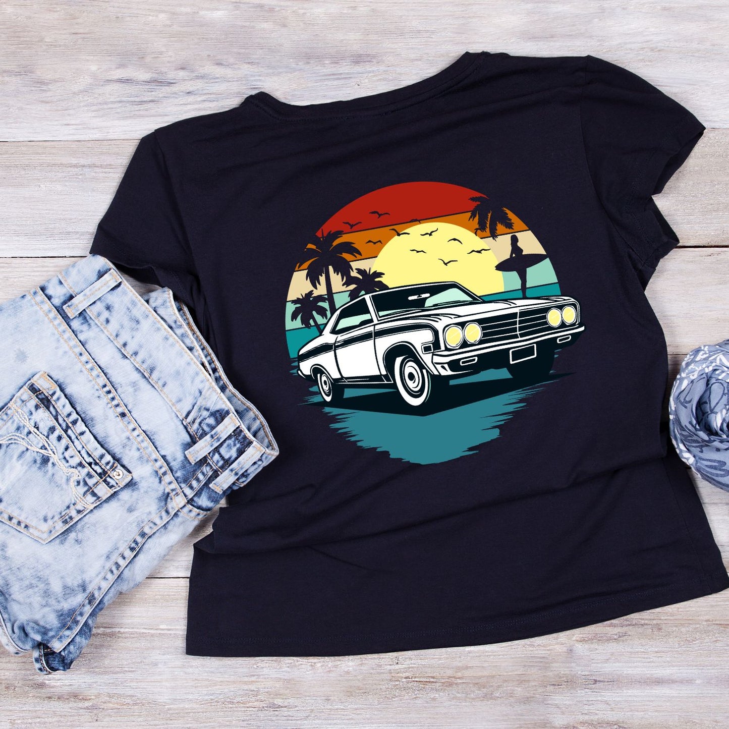 Sunset Vintage Car Palm Trees T-Shirt | Summer Graphic Tee | Shirt