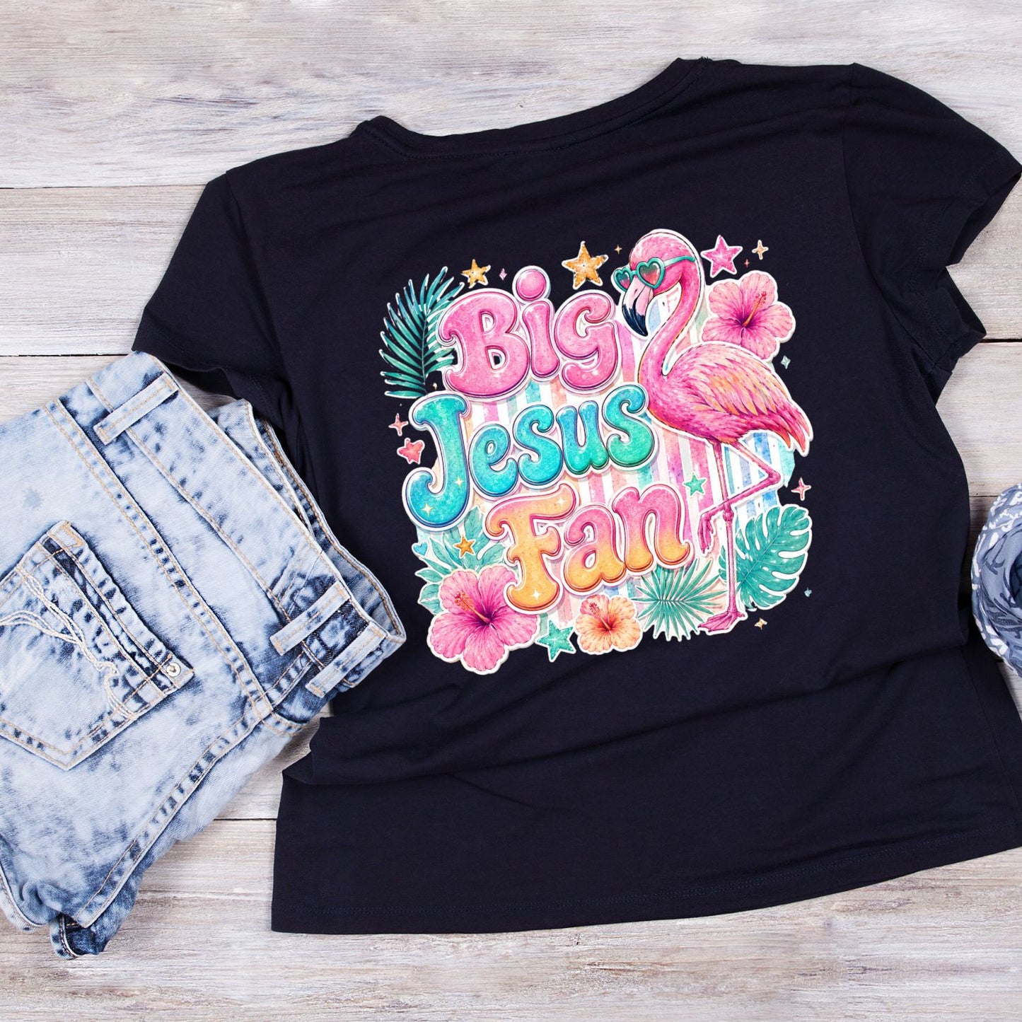 Big Jesus Fan Flamingo T-Shirt | Summer Graphic Tee | Beach Shirt