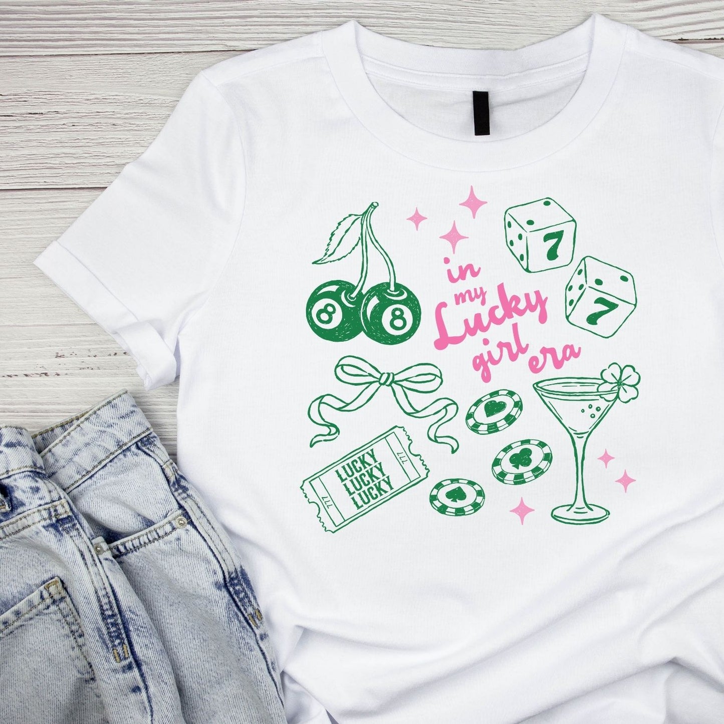 In My Lucky Girl Era T-shirt | St Patrick’s Day T-shirt | Girl’s Night Out | Dice Martini Poker Chips