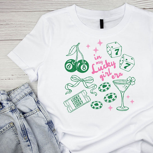 In My Lucky Girl Era T-shirt | St Patrick’s Day T-shirt | Girl’s Night Out | Dice Martini Poker Chips