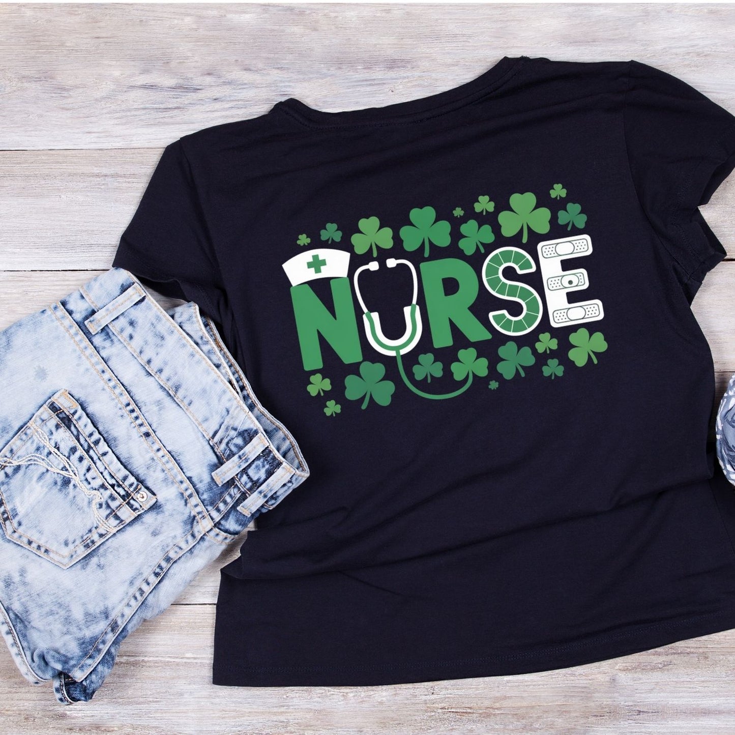Nurse Shamrock T-Shirt | St Patrick’s Day T-Shirt | Shamrock | Stethoscope Bandaids Nurse Hat